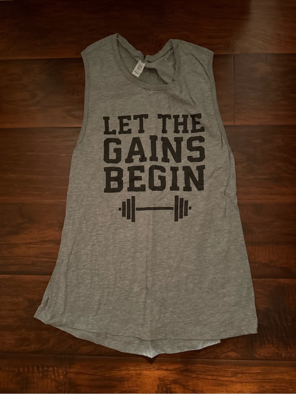Gray Muscle Tank with "Let The Gains Begin" Graphic